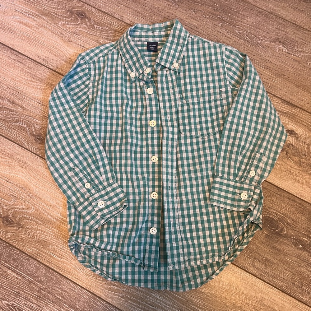 Baby Gap green and white gingham long-sleeve button-down shirt size 4T